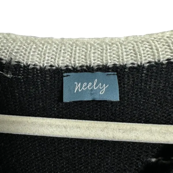 Neely Womens Sz S Sweater White Black Open Knit Oversized Stretchy￼ V Neck - Image 4