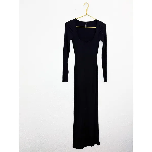 Skims Soft Lounge Maxi Dress Size Small Black Ribbed Long Sleeve Bodycon - Image 4