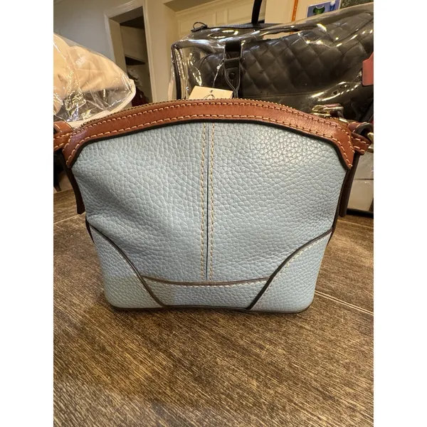 light blue Dooney & Bourke Pebble Grain Mini Domed Crossbody Brown Leather Trim - Image 3