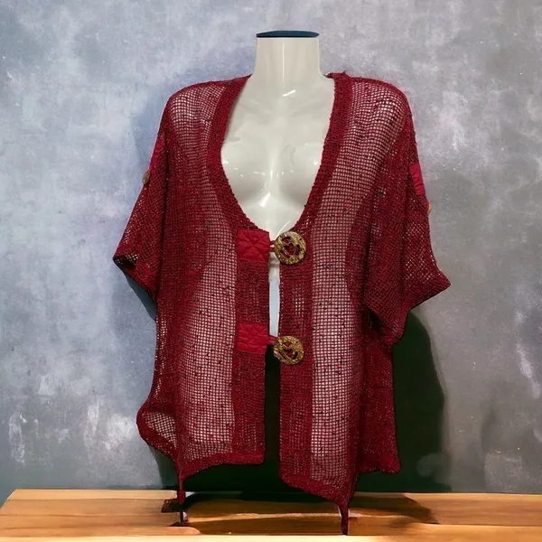 Katie Todd Cardigan Sweater M Medium Lagenlook Boxy Asymmetric Hem Open Knit Art - Image 2