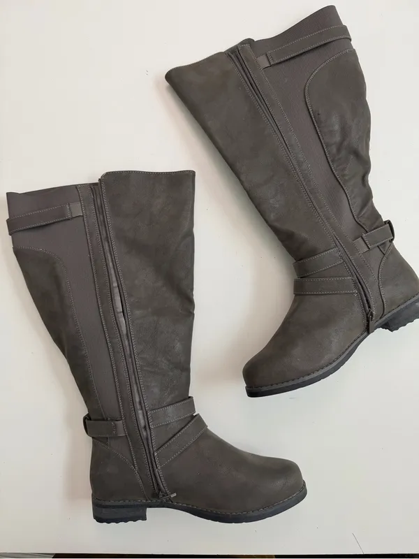 Torrid Boots Strappy Knee Faux Oil Suede Leather Buckles Tall Extra Wide Grey - Image 5