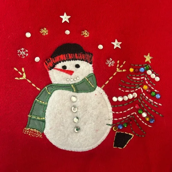 Classic Elements VTG Y2K whimsical snowman Christmas Sweatshirt sweater M Red Embroidered bling - Image 2