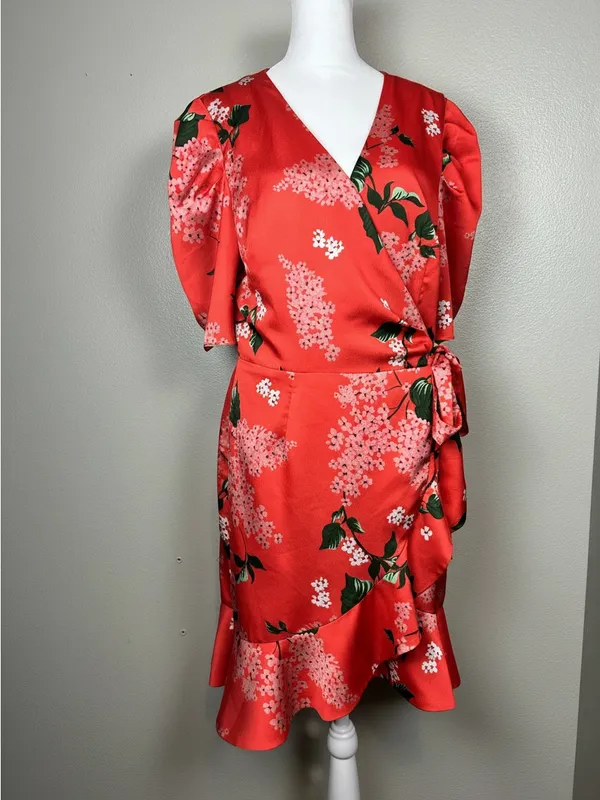 KeepSake Red Floral Wrap Dress with Puff Sleeves Size Large - Image 2