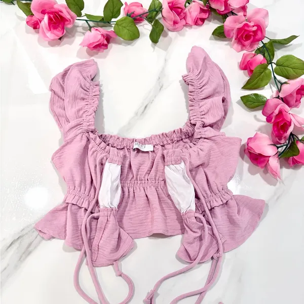 Y2K Lavender Bow Tie-Front Sz Small Feminine Ruffled Coquette Babydoll Crop Top - Image 5