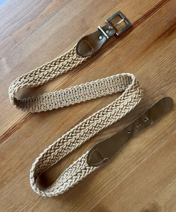 Vintage Brown Leather Buckle Braided Woven Rope Western Boho Belt - Image 5