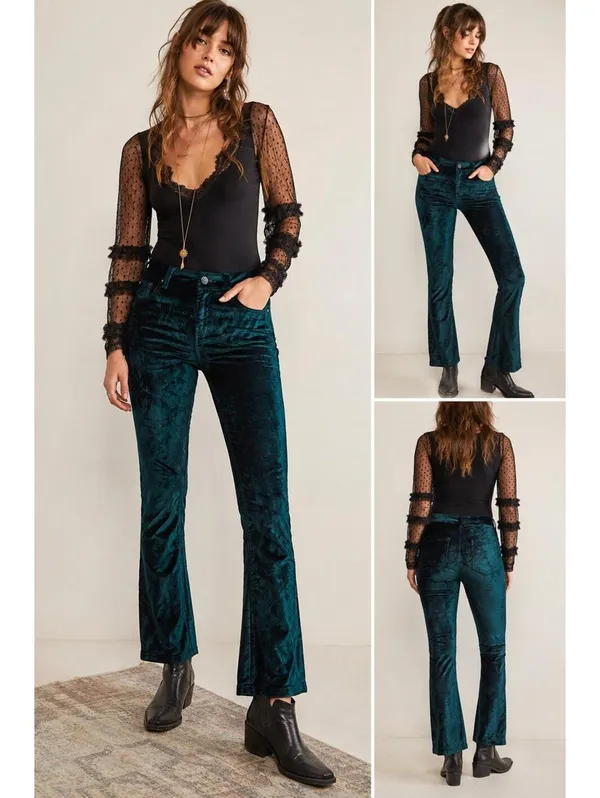 Free People Green Velvet Crop Bootcut Pants Size 28 Emerald Stretch - Image 2