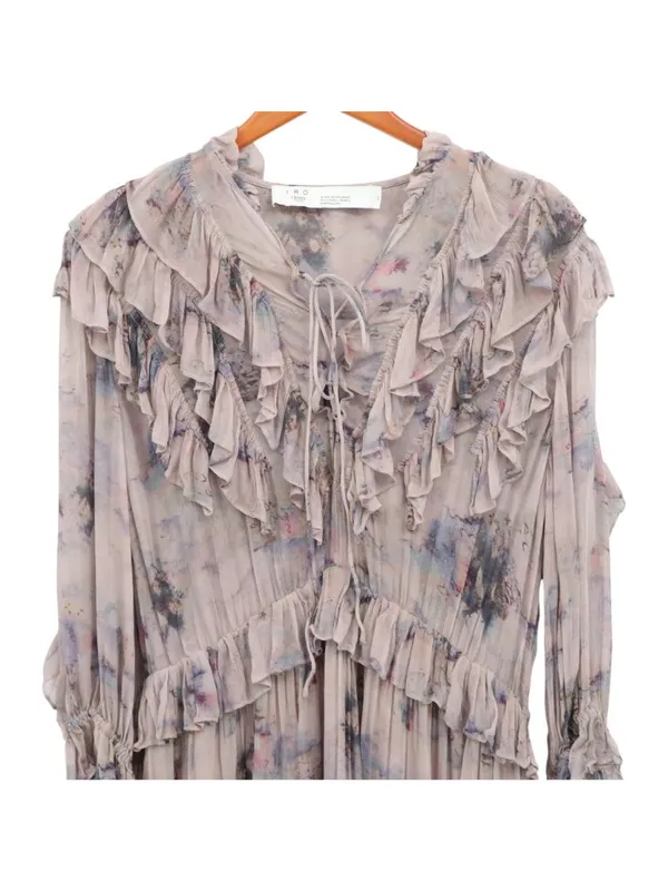 IRO Banon Floral Mauve Mini Blouson Ruffle Lace Up V-neck Dress 42 US 10 - Image 5