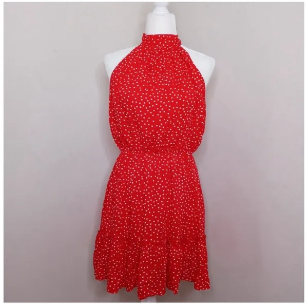 BTFBM Women's Red Polka Dot Halter Dress Size Small Boho Ruffle Summer Mini Cute - Image 3