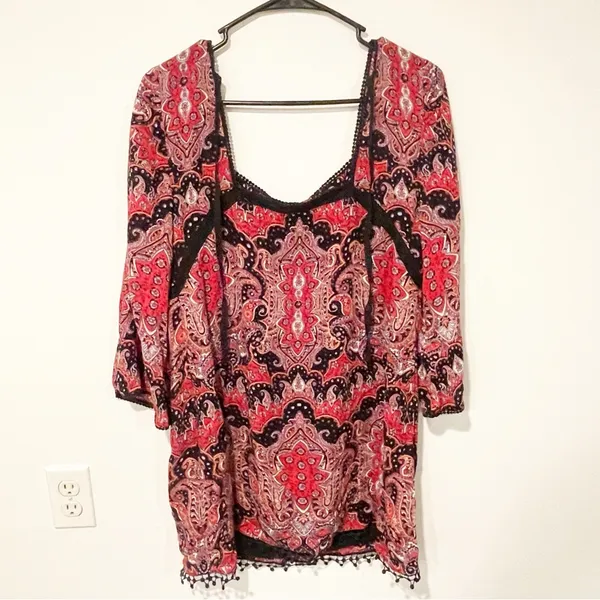 Free People Size 10 Pink‎ Paisley Crotchet Trim Floral Tunic Dress - Image 5