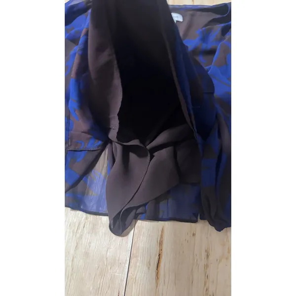 Evereve Blue Brown Abstract Floral Smocked Peplum Balloon Sleeve‎ Blouse Large - Image 6