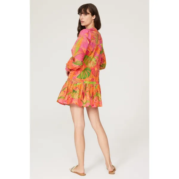 FARM RIO Pink Orange Floral Cotton A-Line Tie Waist Ombre Forest Mini Dress S - Image 3