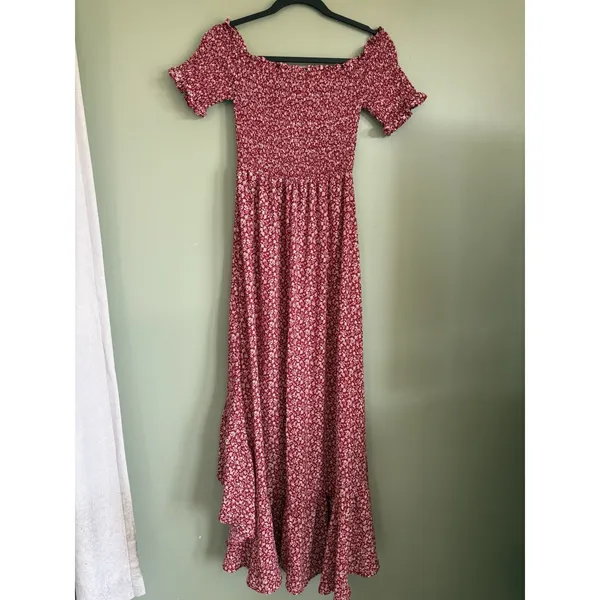 mi ami for francesca's Women's Floral Knit Maxi Dress Smocked Puff M Red - Image 6