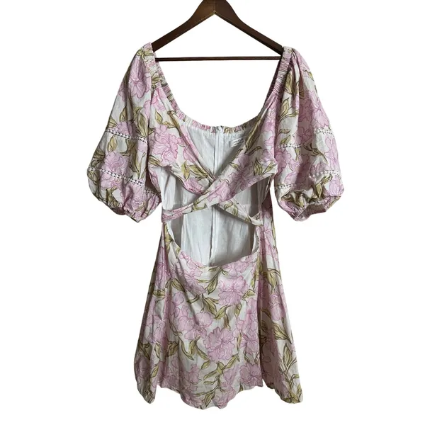 Amalie the Label Linen Blend Floral Puff Sleeve Crossover Cutout Mini Dress 16 - Image 3