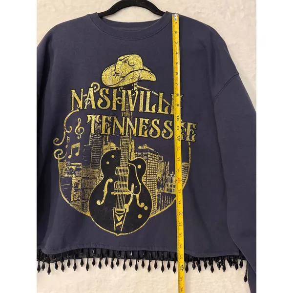 Goodie Two Sleeves Nashville Tennessee Beaded Fringe Cropped Sweatshirt Navy‎ XL - Image 2