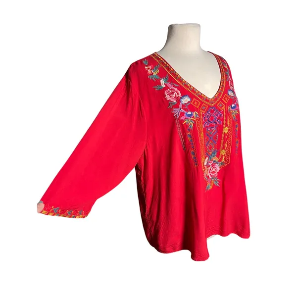 Women’s Boho Floral Embroidered 3/4 Sleeve Red Popover Vneck Top XXL - Image 3