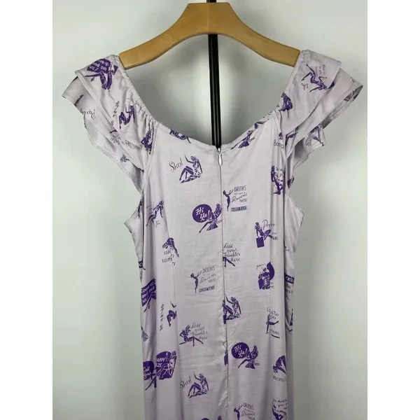 Lavender Milkmaid Pinup Novelty Cocktail Quirky‎ Print Flutter Sleeve Midi Dress - Image 10