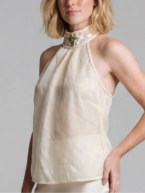 vintage Y2k Max Studio halter mock neck top cream sheer overlay Linen Resortwear - Image 4