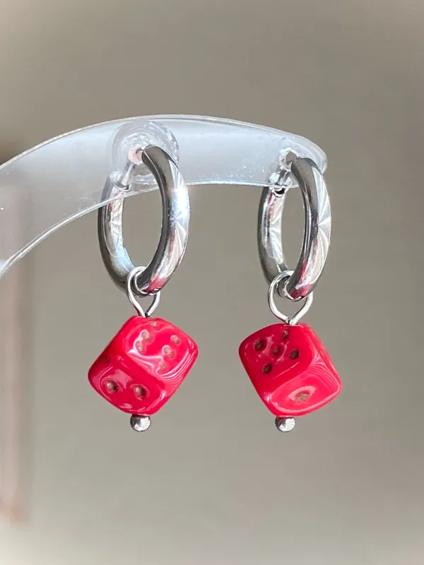 Handmade y2k funky unique red dice Czech glass dangle earrings ❤️ - Image 2