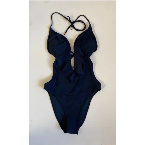 Abercrombie & Fitch Navy Blue Ruffle Plunge‎ Halter One Piece Swimsuit Small NEW - Image 13