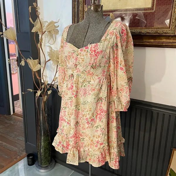 Meet Me In Santorini Floral Puff Sleeve Babydoll Cottagecore Mini Dress - XS 💚🎀 - Image 4