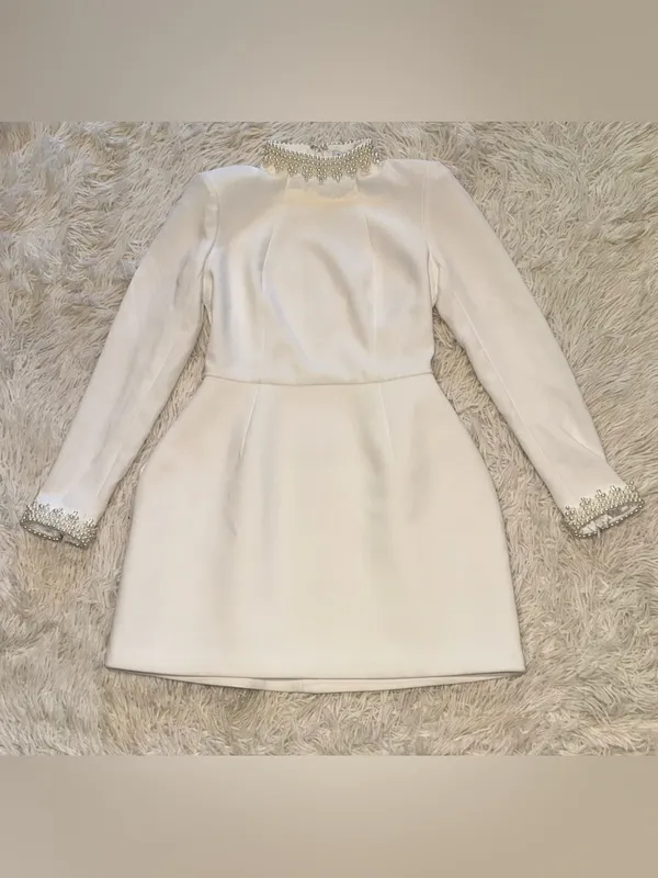 NEW Nadine Merabi White Audrina Athena Beaded Long Sleeve Minidress Sz 6 - Image 6