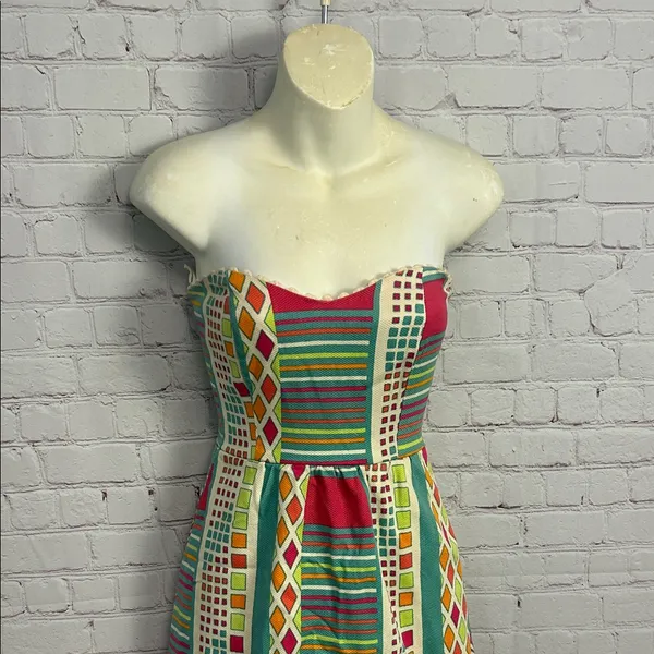 Judith March bold neon funky geo printed strapless midi dress cotton Small chic - Image 2