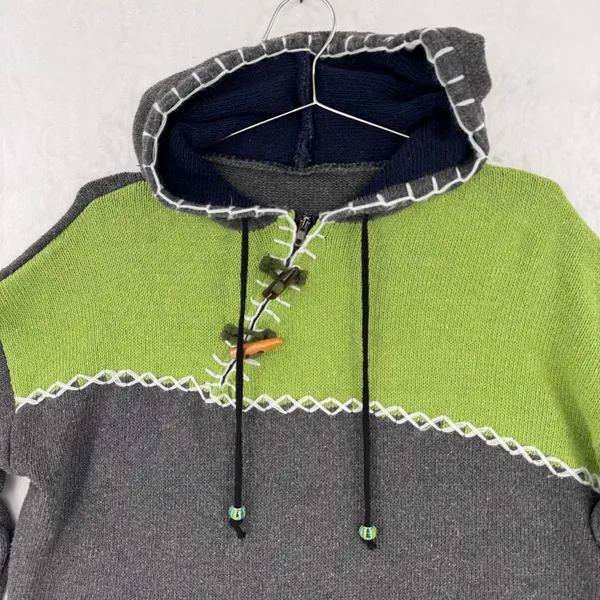 Hooded Sweater Gray Green Color Block Pocket Beads Toggle Button Boho Asymmetric - Image 5