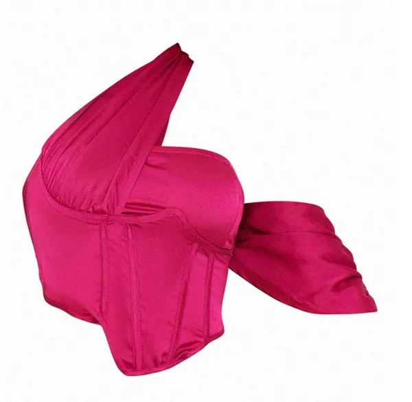 Hot Pink Textured Satin Draped One Shoulder Corset - Image 4