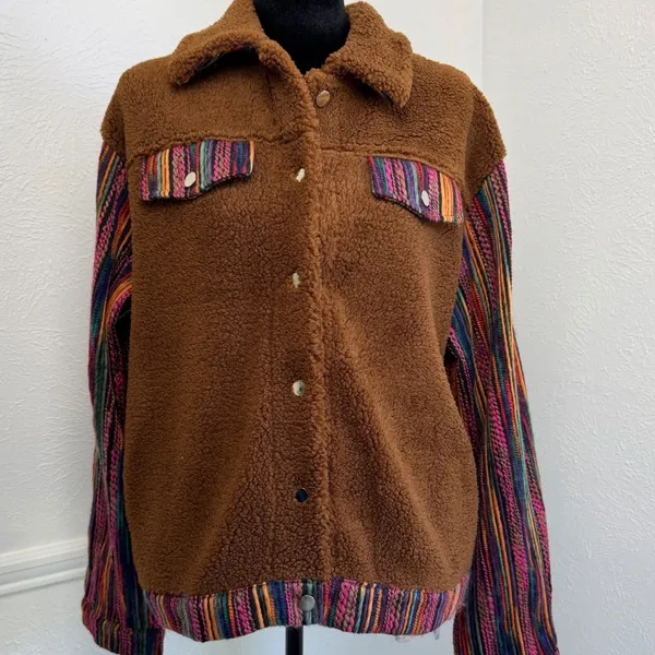 Southern Grace Womens Brown‎ Sherpa Jacket Striped Knit Sleeves Western Boho L - Image 2