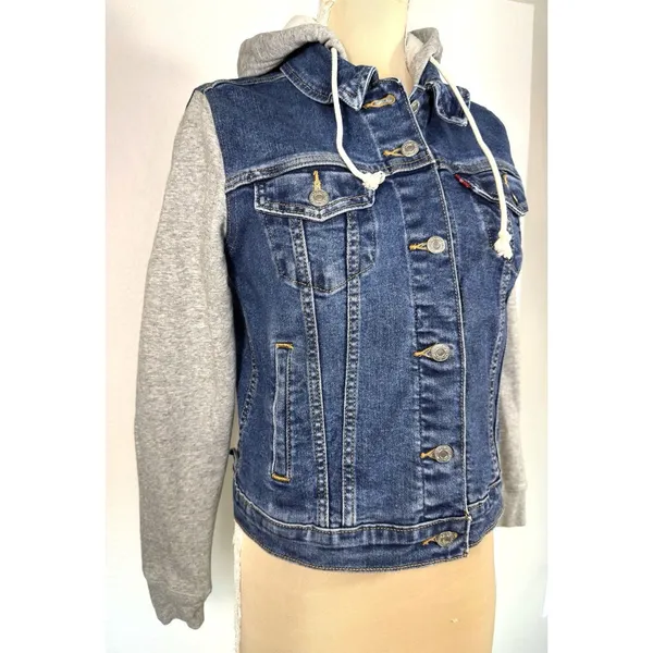 Levi's Hybrid Original Denim Sweatshirt Hoodie Trucker Jacket Medium Blue Gray - Image 4