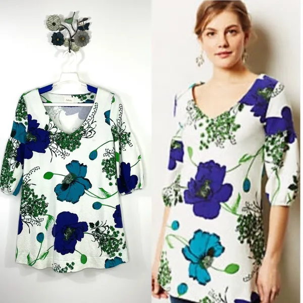 Anthropologie Deletta Haru Size Medium Floral Tunic Top Blue Green Puff Sleeve - Image 2