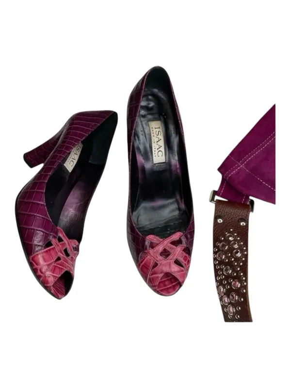 Vintage: Isaac ❉ Embossed Cut Out Peep Toe Pump Heels ❉ 2 Tone Pink Leather ❉ 8M - Image 13