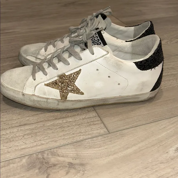 Golden Goose White Sneakers with Gold Star and Black Glitter Heel Tab Size 39 - Image 4