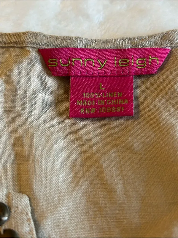 Sunny Leigh tan linen v-neck tunic drop waist peplum size L coastal boho casual - Image 6