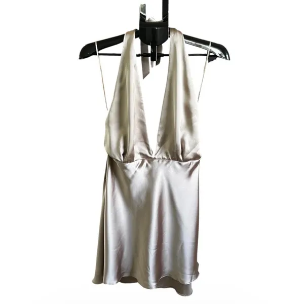Zara Women XL Champagne Taupe Satin Halter Backless Plunging Mini Dress | 0129 - Image 2