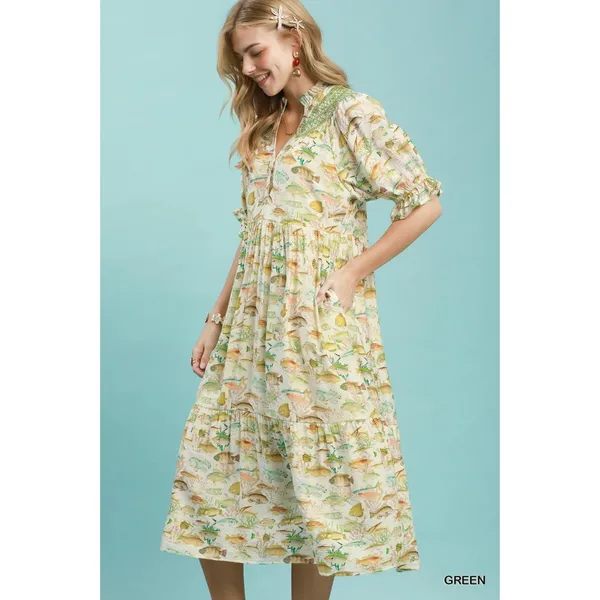 Umgee Print Tiered Midi Dress - Green - Small - Image 2