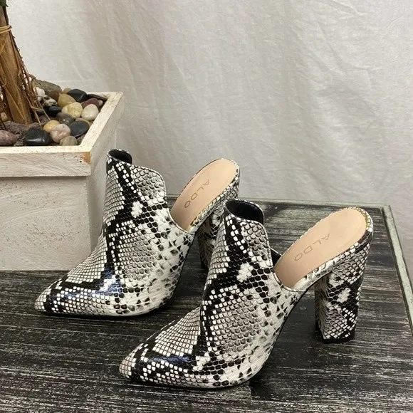 Aldo Ivory & Gray Snake Python Print Block Heel Slide Shoes 6 - Image 2