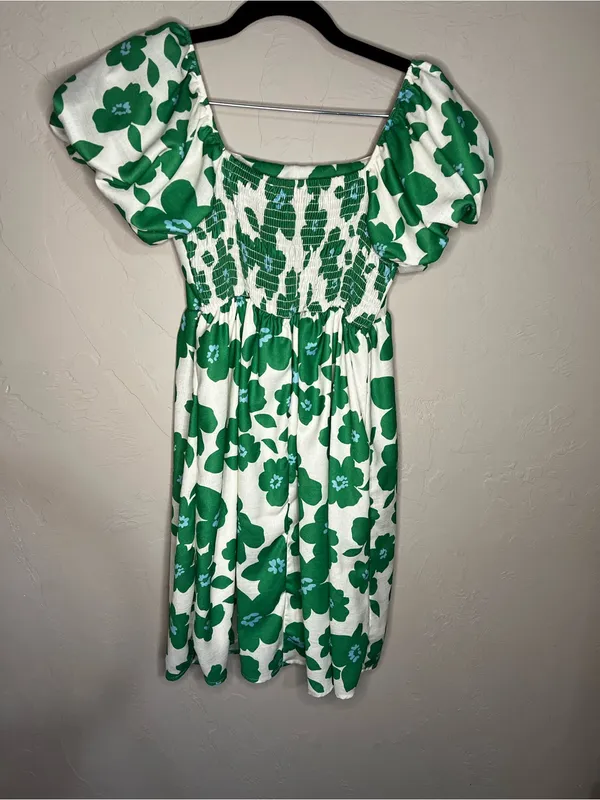 Altar’d State Cream Green‎ Floral Puff Sleeve Retro Babydoll Mini Dress - Image 8