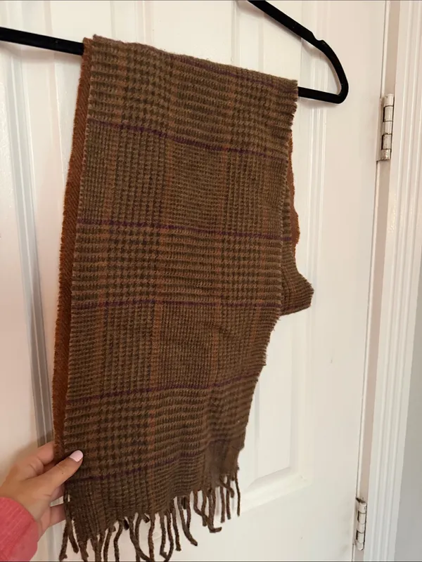 Ralph Lauren Houndstooth Purple Brown Fringe Scarf - Image 3