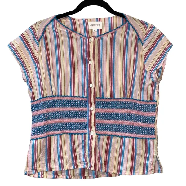 Oorez Multicolor Stripe Button Front Boho Top Smocked‎ Waist Blouse - Image 2