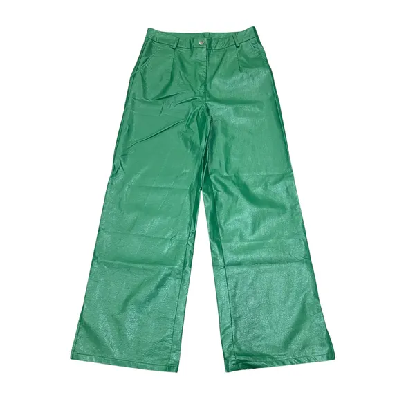 Princess Polly Green Faux Leather Wide Leg Pants 8 Slit Hem‎ Trousers - Image 2