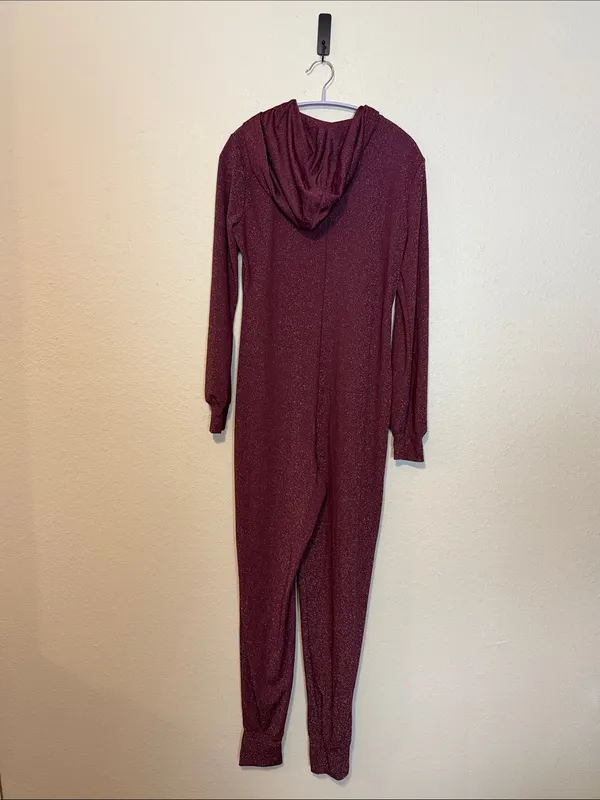 Savage X Fenty Sleep & Shine Hooded Jumpsuit Size Medium Burgundy Glitter‎ - Image 7