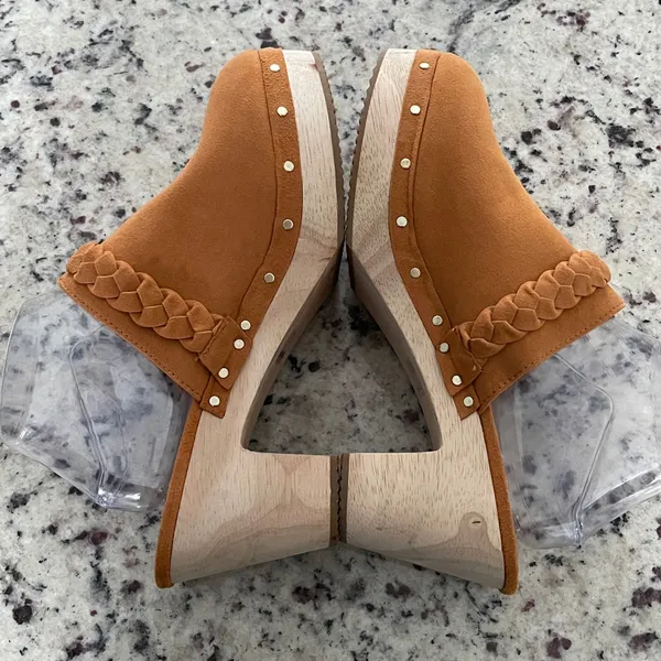 J.Crew Braided Clog Mules Tan Suede Wood‎ Platform Studded BJ249 Mens 9.5 NWOB - Image 4