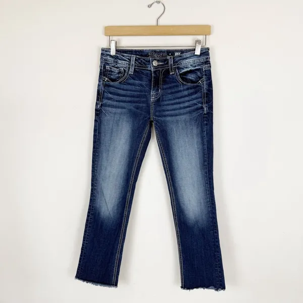 Miss Me Jeans Capri Mid Rise Raw Hem Logo Embellished Festival - Image 4