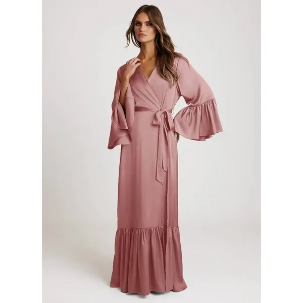 Azazie Satin Robe and Chemise Set Dusty Rose Ruffle Bell Sleeve Bridal Lounge L - Image 2