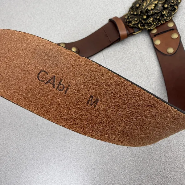 CAbi Belt Womens Medium Brown Leather Ornate Brass Filigree Buckle Studded Boho - Image 7