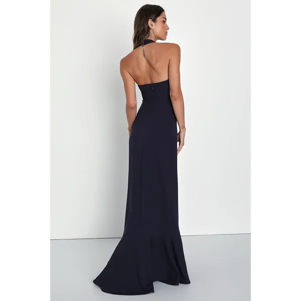 NWT Lulus Majestic Perfection Navy Blue Ruffle Halter Maxi Dress Flapper Dance S - Image 3
