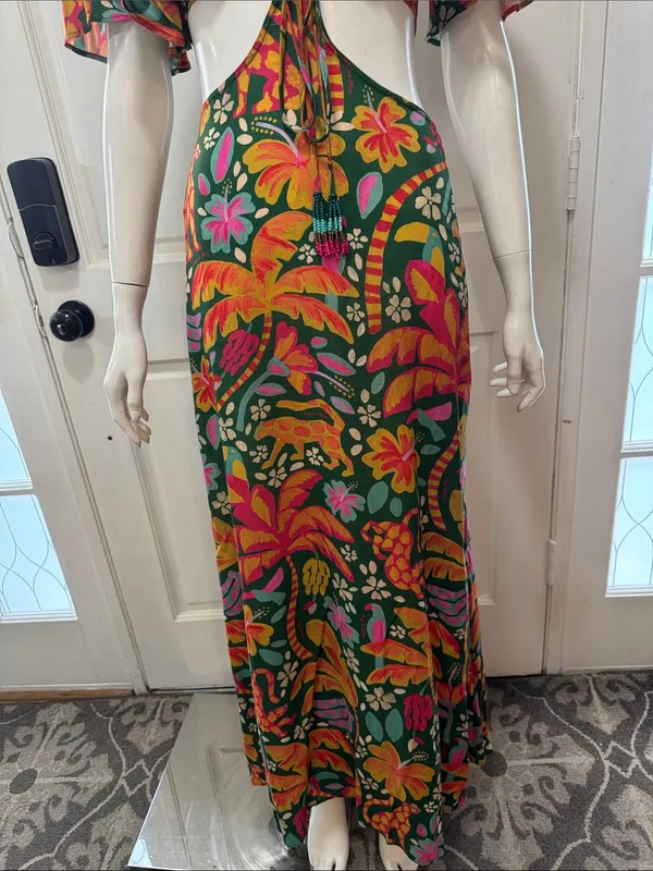 Farm Rio Tropical Cutout Maxi Dress in Green with Pink Orange Floral Print S XL - Image 7