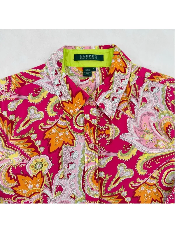 Lauren Ralph Lauren Hot Pink Lime Green Paisley Top Preppy Dopamine Y2K Medium - Image 3