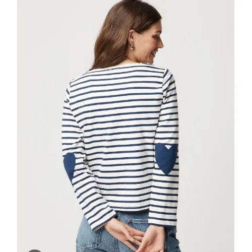 J Crew Top Womens Small‎ Blue Striped Boatneck Top Heart Elbow Patches Nautical - Image 2
